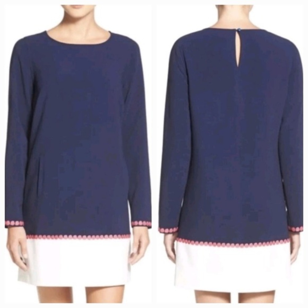 Vineyard Vines‎ Women's Crepe Color Block Embroidered Trim Dress Navy Pink Small